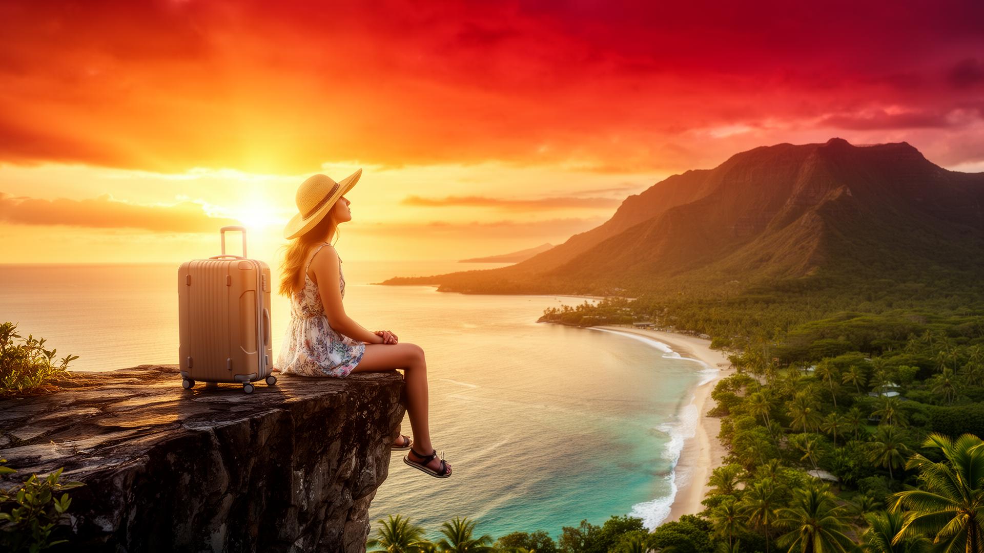 Viajante contemplando um pôr do sol paradisíaco